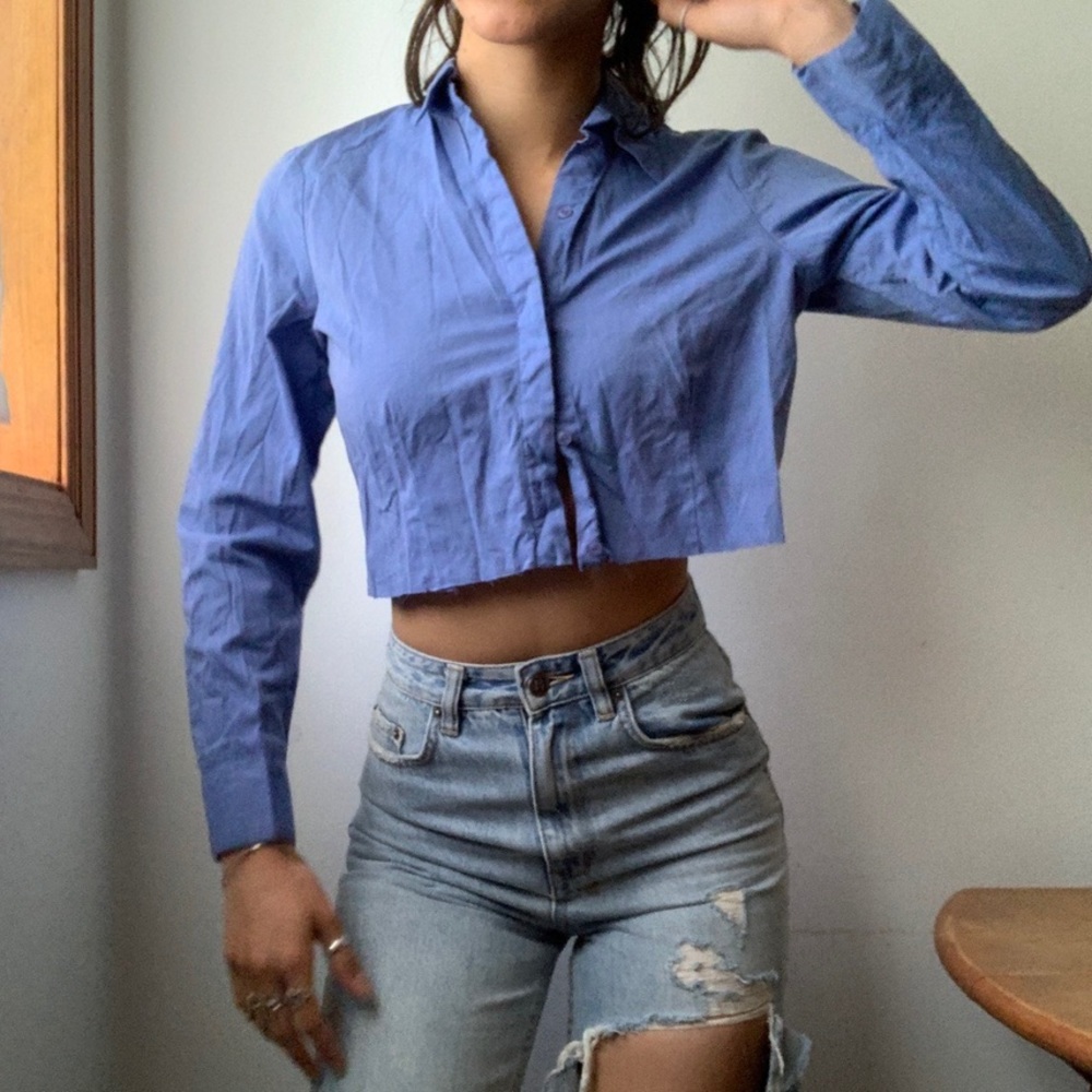Blue Collared Cropped Long Sleeve